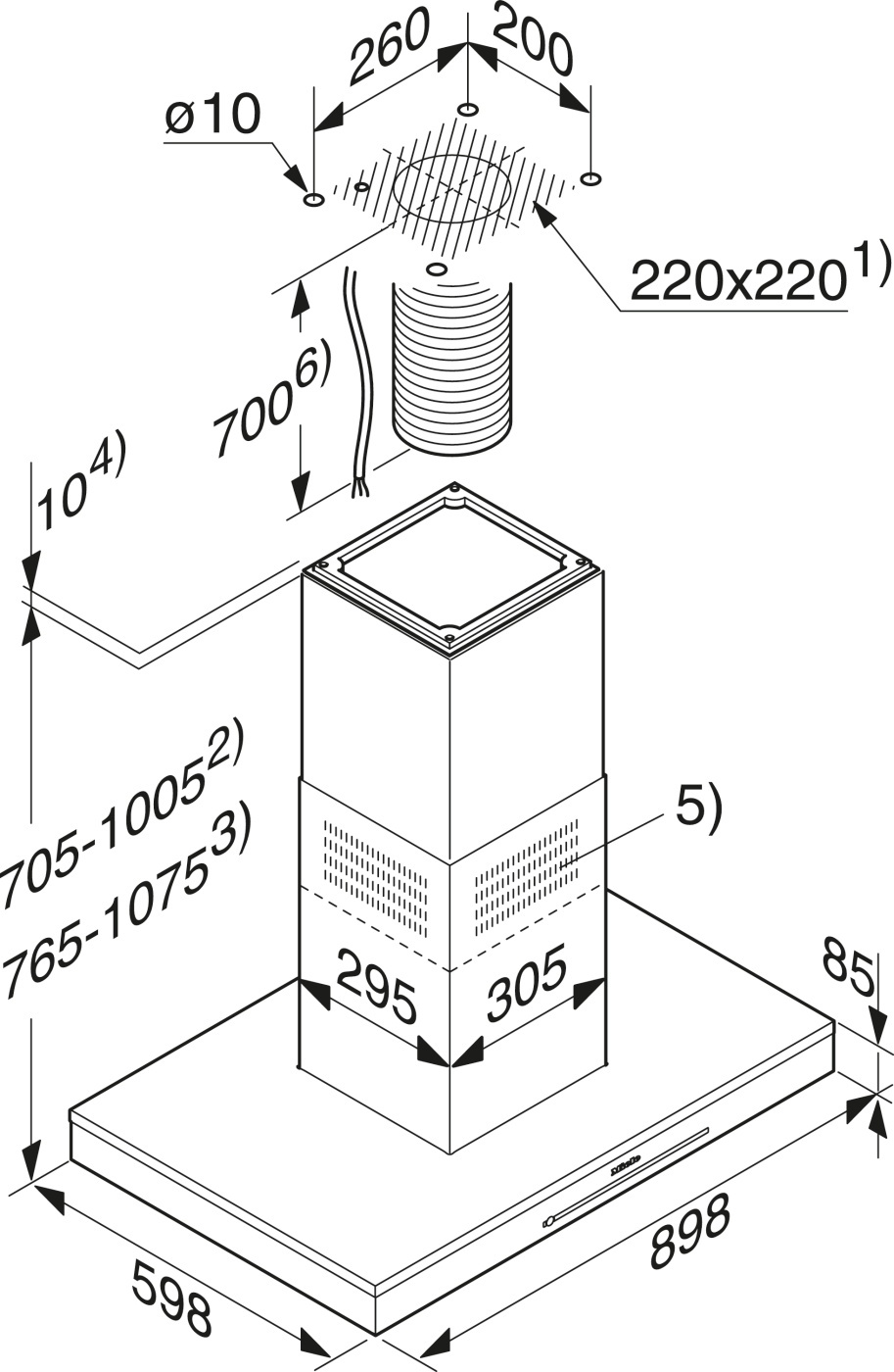 Схема встраивания для кухонной вытяжки Miele DA 6690 D EDST/CLST с витрины новая
